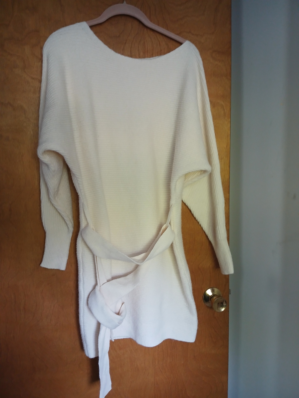 Women's Cream Knit Belted Sweater Dress
